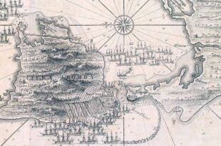 Detalle del "Map of Cartagena, 1741", publicado el 29 mayo de 1741. Royal Collection Trust. Esta vista fue compilada a partir de materiales anteriores a la derrota final. Los documentos llegaron a Londres el 17 de mayo junto con cartas de Vernon y Wentworth, llevadas por el capitán William Laws. El grabado y la publicación de esta vista muy detallada tomaron solo doce días, si se cree en la fecha de publicación. El almirante Sir Charles Wager (1666-1743) a quien está dedicado este plano, fue Primer Lord del Almirantazgo entre 1733 y 1742. En esta imagen detallada del mapa podemos apreciar la zona del hundimiento de los buques de guerra españoles para tratar de obstaculizar el paso de la flota británica, algo que no se consiguió. El San Carlos fue uno de estos buques.