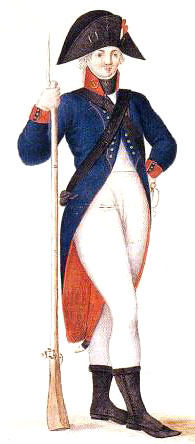 Infante de Marina con uniforme de paseo-campaña de finales del siglo XVIII. Acuarela del Museo Naval de Madrid.